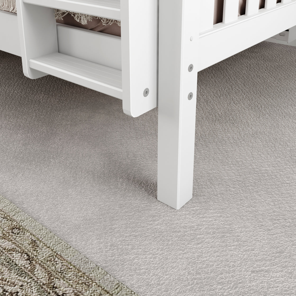 White wooden bunk bed with ladder on soft beige carpet flooring.