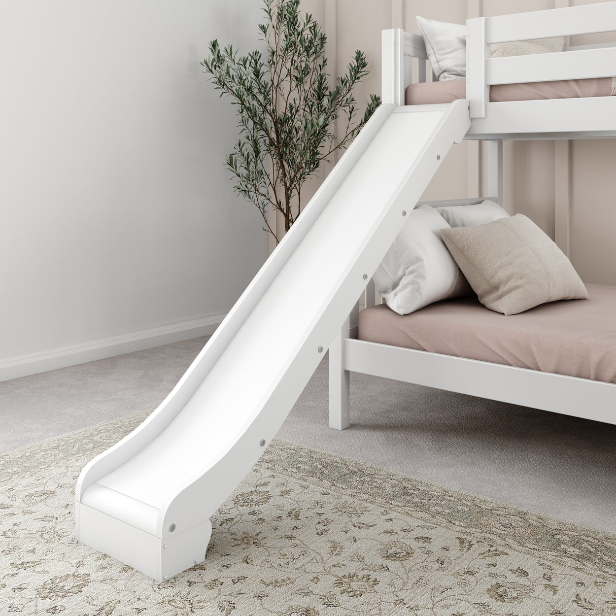 White bunk bed with slide in cozy children's bedroom.