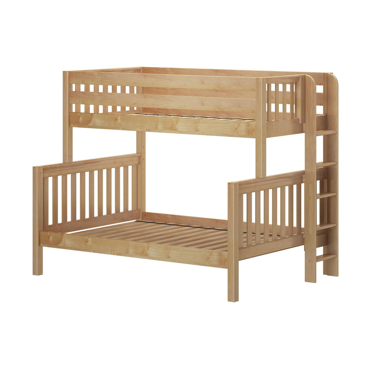 Wooden bunk bed with ladder and safety rails for kids' bedroom.
