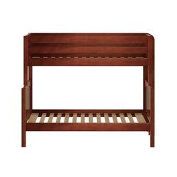 Rustic wooden bunk bed frame with slatted design in rich brown finish.