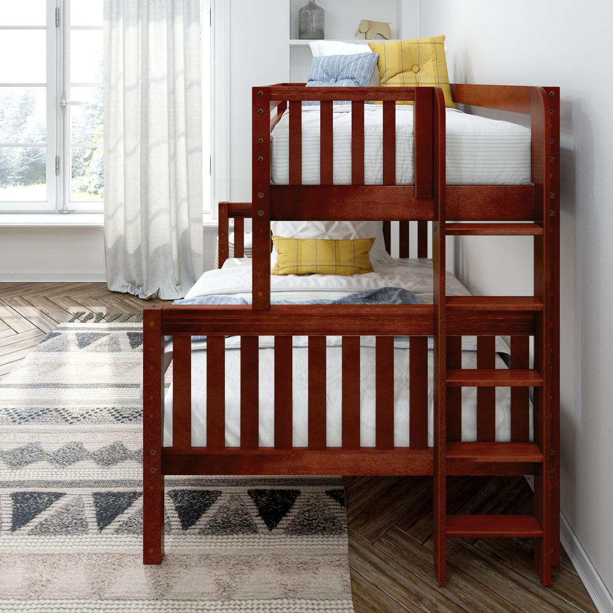 Stylish wooden bunk bed with ladder in modern bedroom setting.
