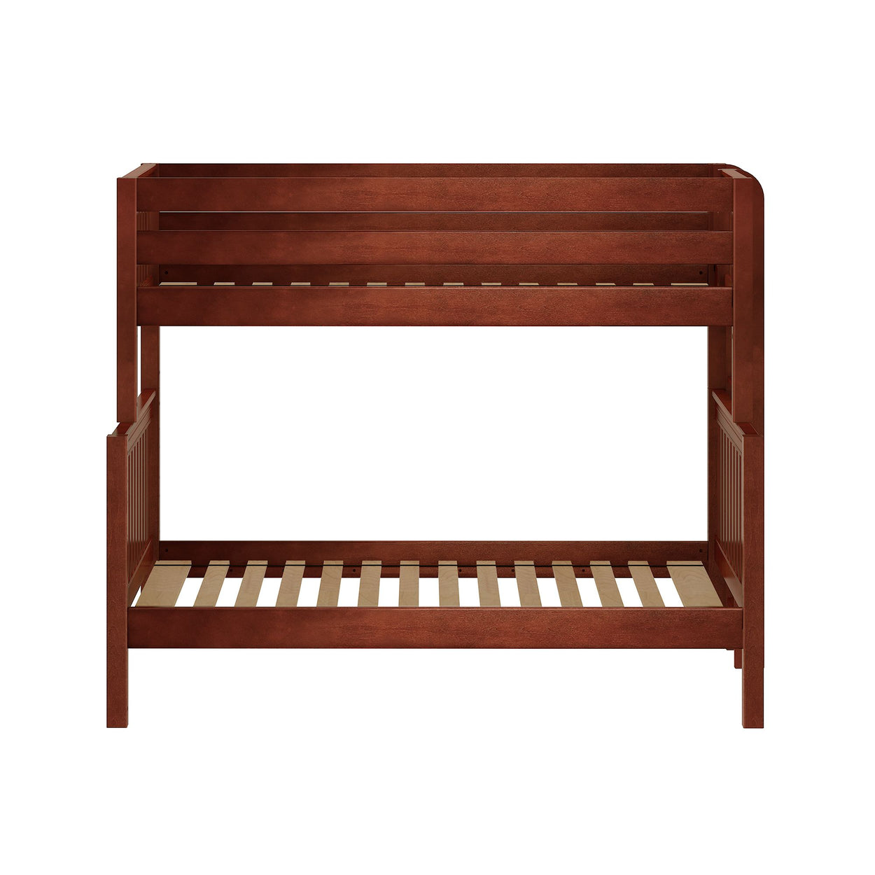 Wooden bunk bed frame with a rich brown finish, ideal for kids' bedrooms and maximizing space.