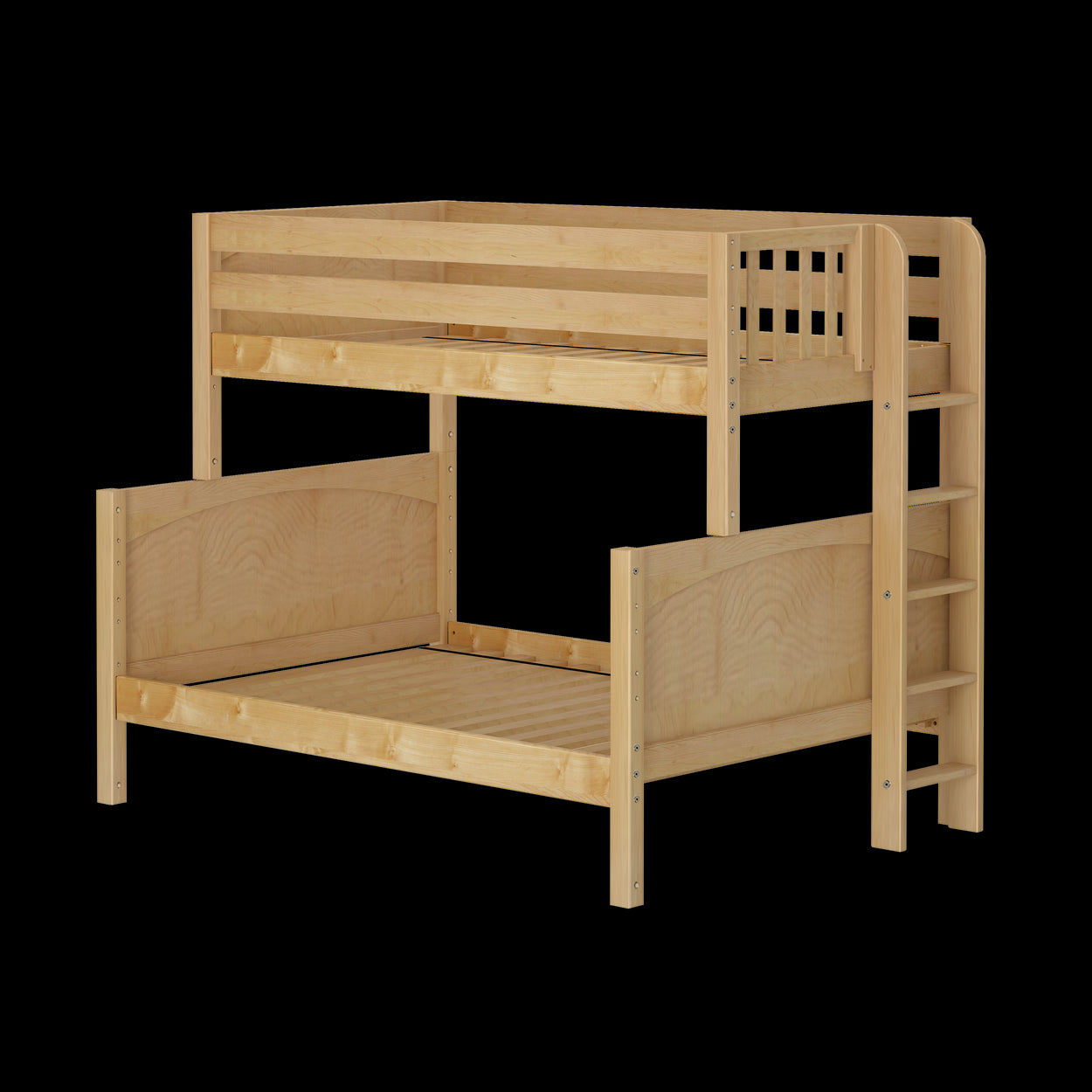 Wooden bunk bed with ladder on black background, ideal for maximizing space in a kids' bedroom.