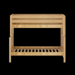 Natural wood bunk bed frame with minimalist design for bedroom furniture.