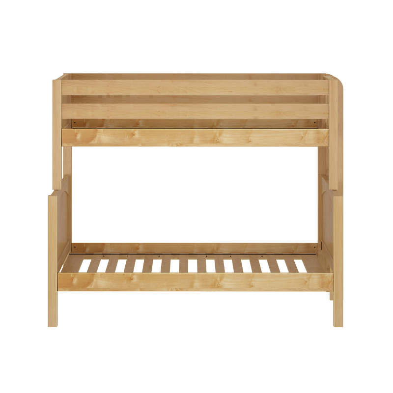 Natural pine loft bed frame with slatted base and safety guardrail, twin-size wooden bunk bed in light wood finish