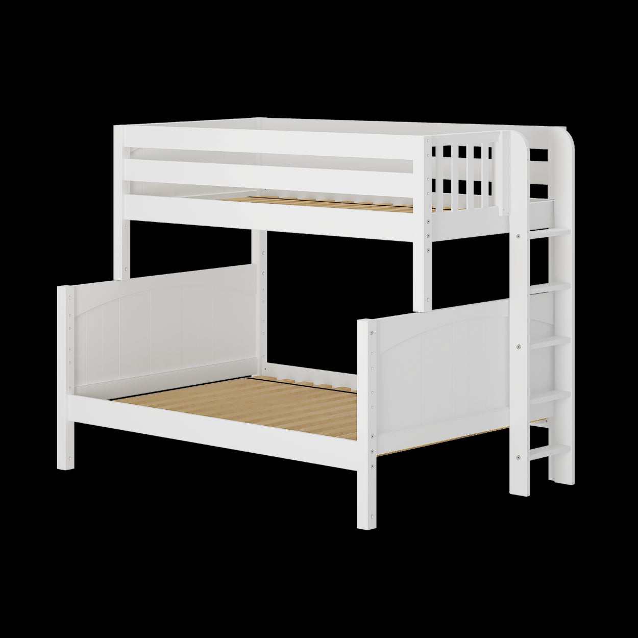 White wooden loft bunk bed with a built-in ladder and minimalist design.