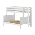 White wooden twin-over-full bunk bed with built-in ladder, safety guardrails and slatted mattress supports