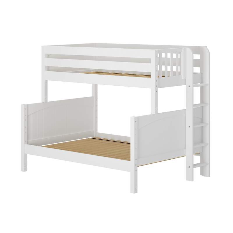 White wooden twin-over-full bunk bed with built-in ladder, safety guardrails and slatted mattress supports