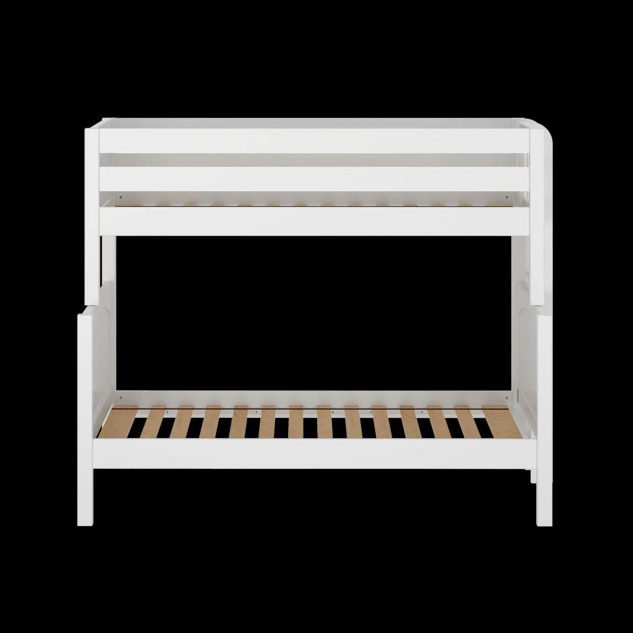 White wooden loft bed frame on a black background.