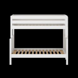 White wooden loft bed frame on a black background.
