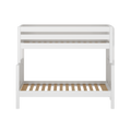 White wooden bunk bed frame with guard rails and slatted wooden base, modern loft-style children’s bed frame for nursery and kids’ bedroom furniture
