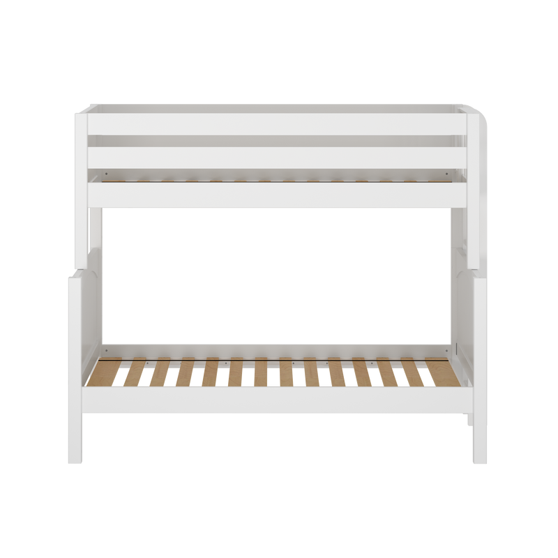 White wooden bunk bed frame with guard rails and slatted wooden base, modern loft-style children’s bed frame for nursery and kids’ bedroom furniture