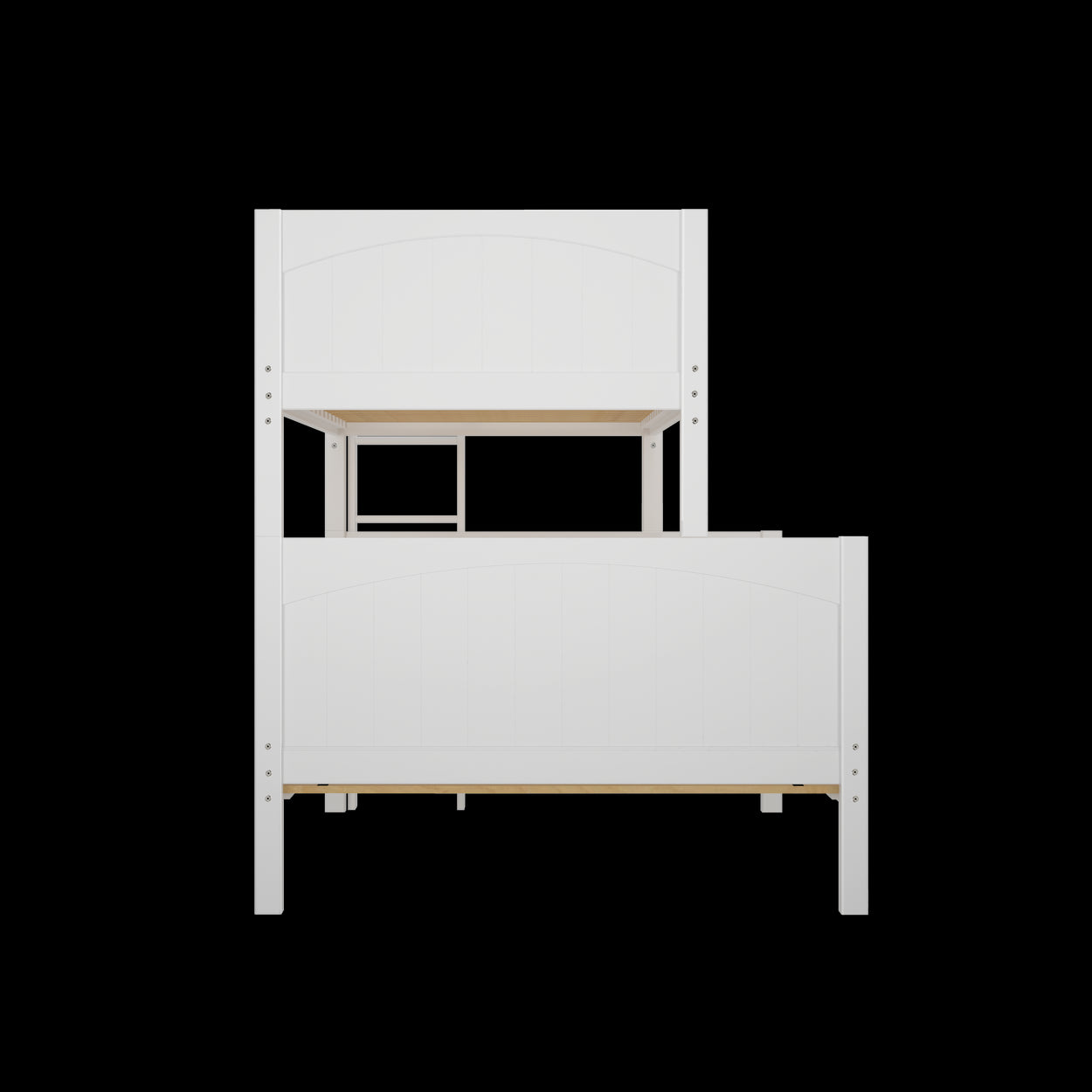 White wooden bunk bed frame set against a black background.