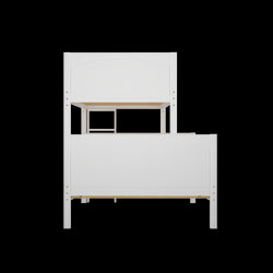 White wooden bunk bed frame set against a black background.