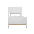 White wooden twin-over-twin bunk bed with arched headboard, ladder and slatted platform, modern farmhouse kids' bedroom furniture