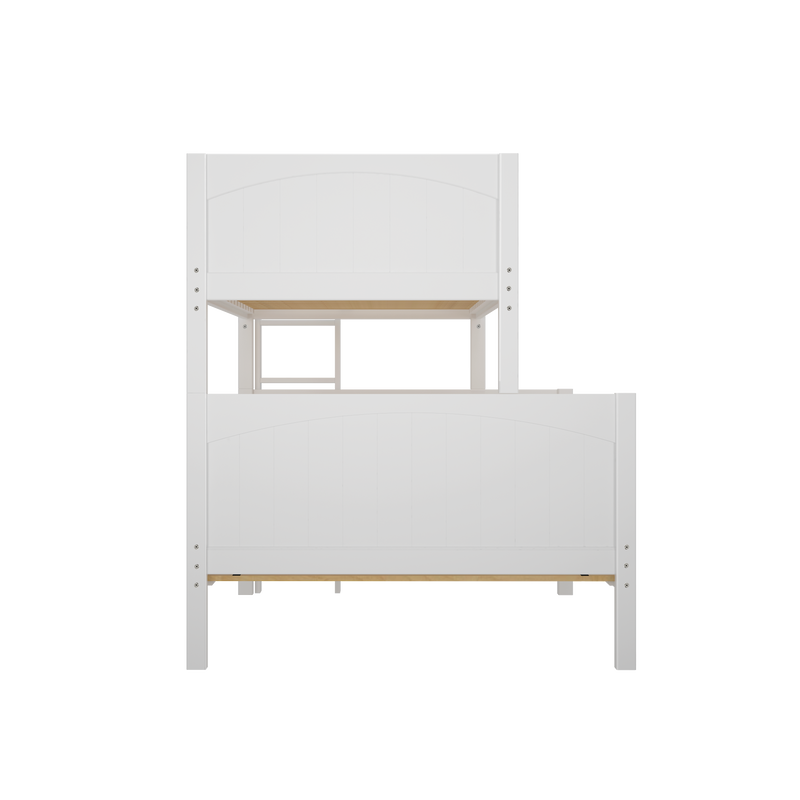 White wooden twin-over-twin bunk bed with arched headboard, ladder and slatted platform, modern farmhouse kids' bedroom furniture