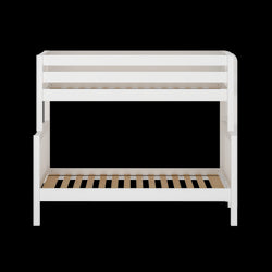 White wooden bunk bed frame against a black background.