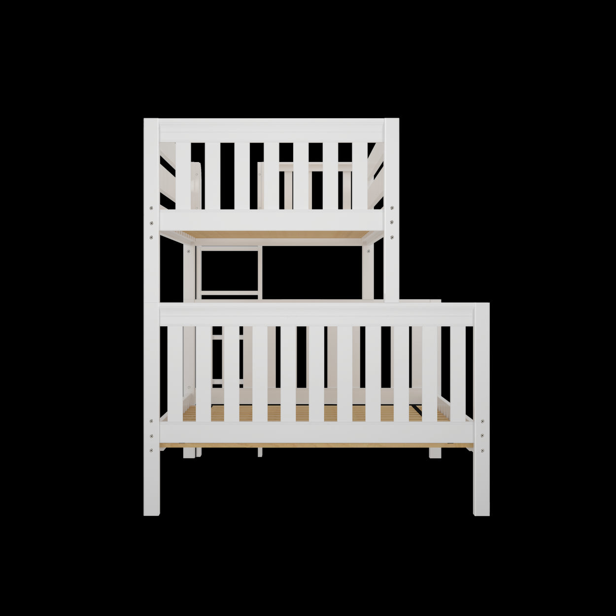 White wooden bunk bed against a black background, front view.