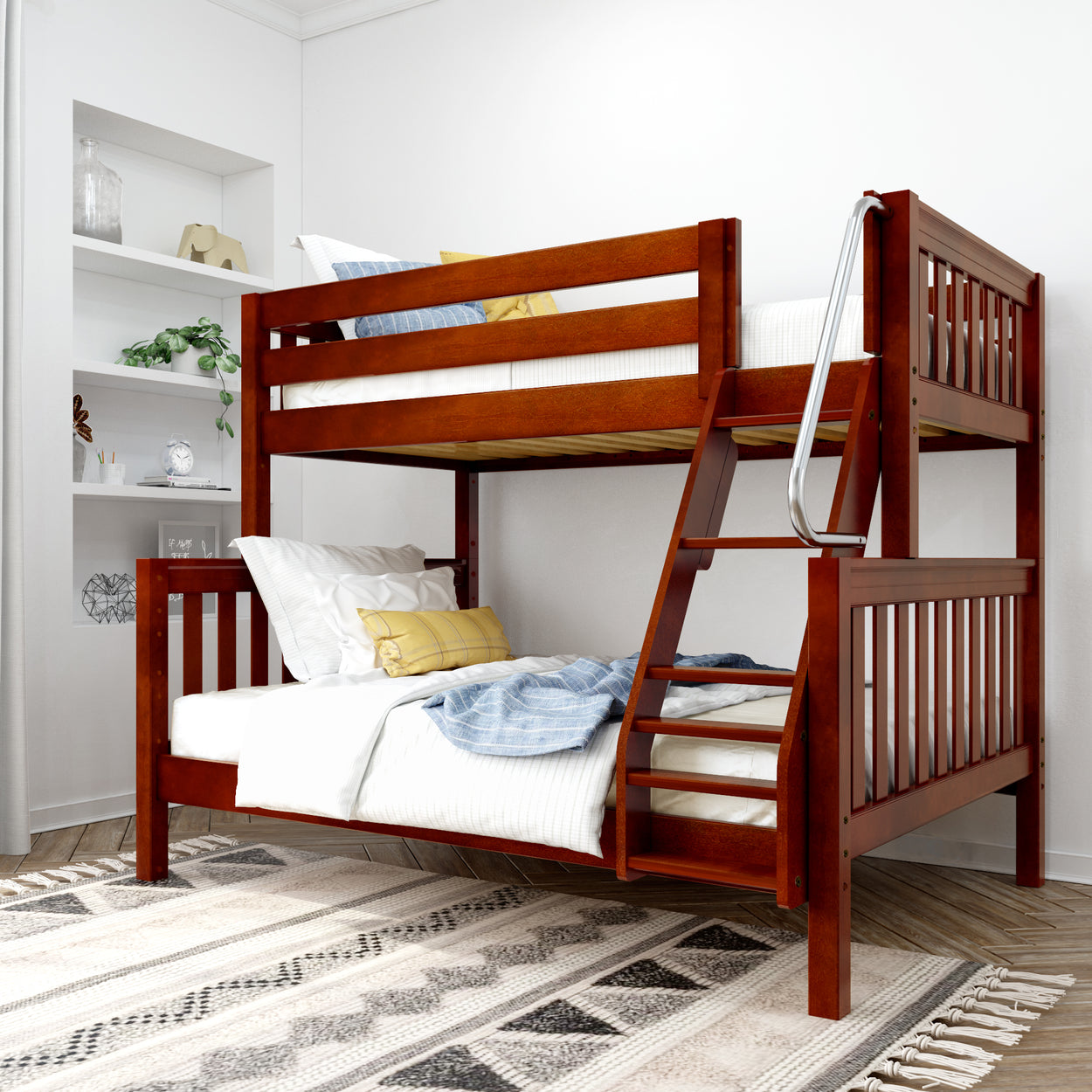 Wooden bunk bed with ladder in modern bedroom, white walls, and decorative shelves.