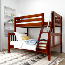 Wooden bunk bed with ladder in modern bedroom, white walls, and decorative shelves.