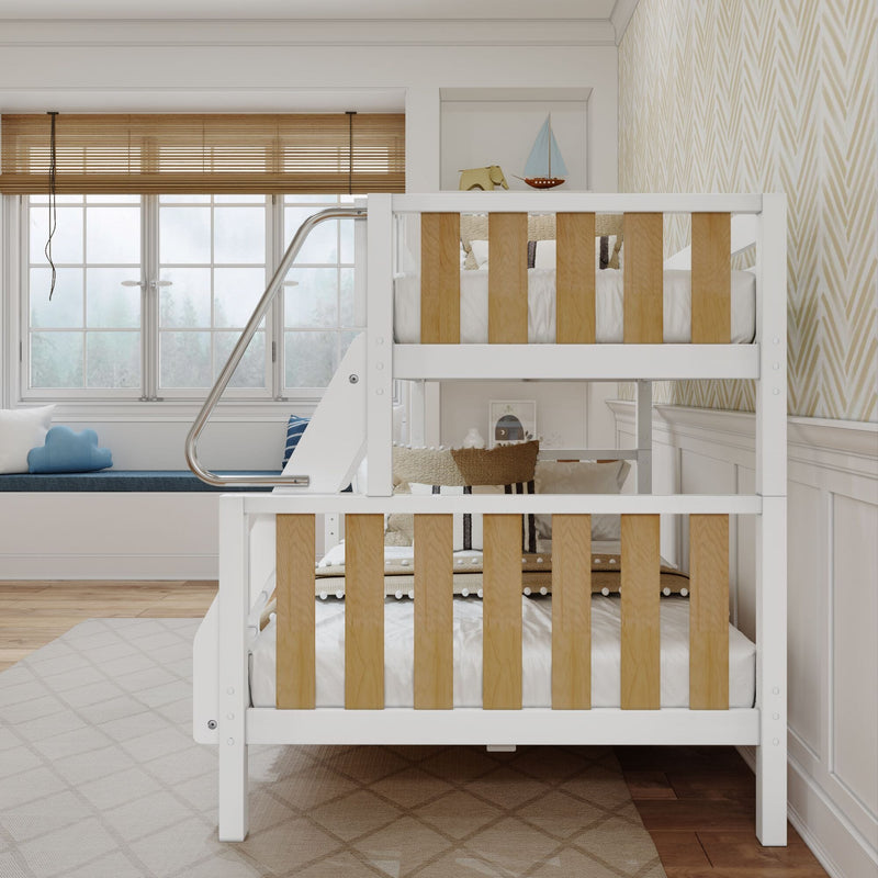 White wooden bunk bed with light wood slats and metal ladder in a bright kids' bedroom with window seat, bamboo blinds and nautical decor