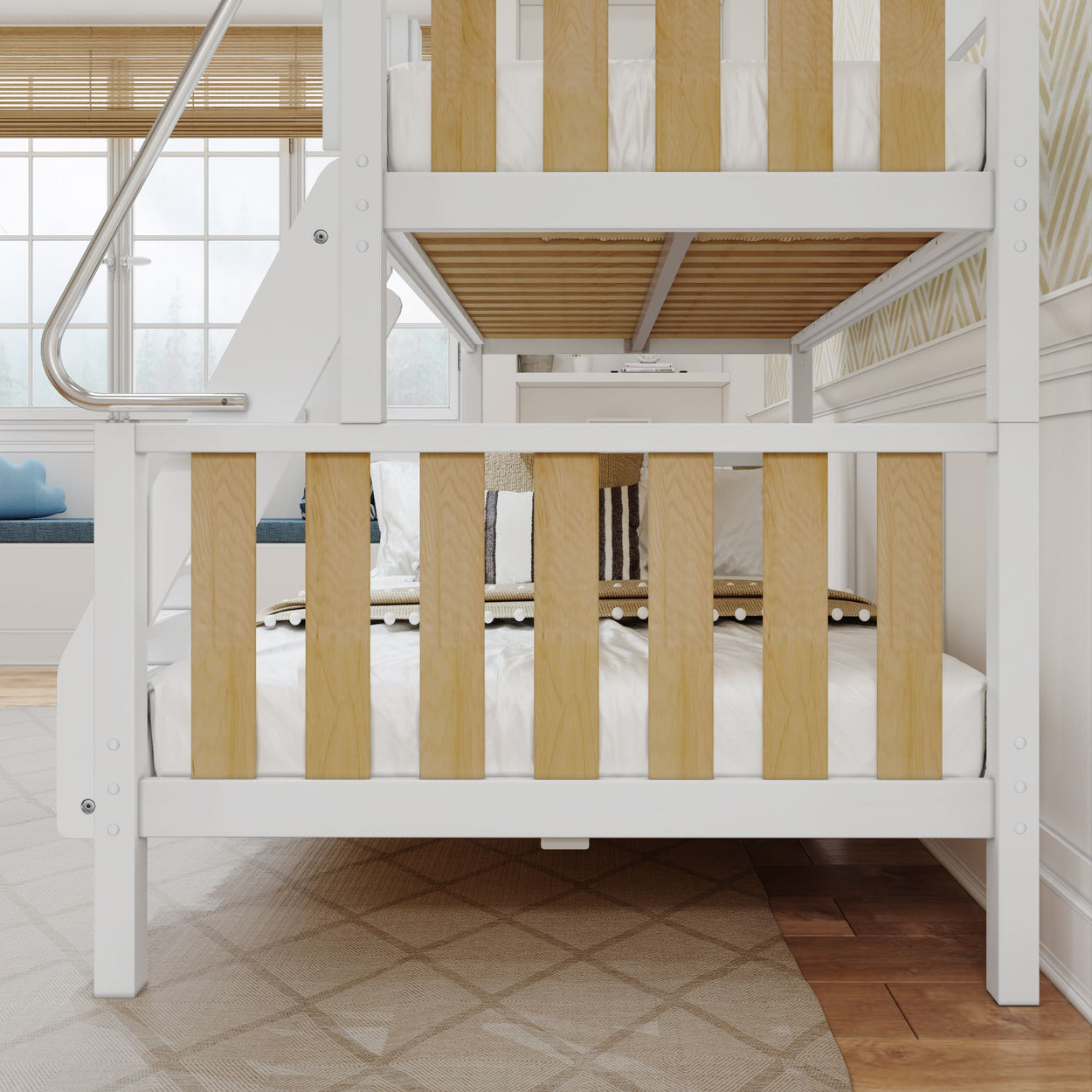 Wooden bunk bed with white frame in cozy, well-lit bedroom.