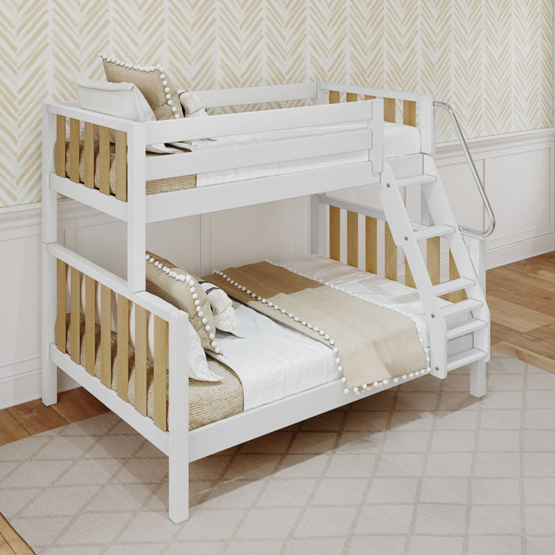 White wooden bunk bed with ladder, beige bedding and pompom pillows in a kids' bedroom with herringbone wallpaper