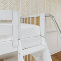 White wooden bunk bed with ladder, natural wood slats and curved metal handrail against beige chevron wallpaper in a kids' bedroom
