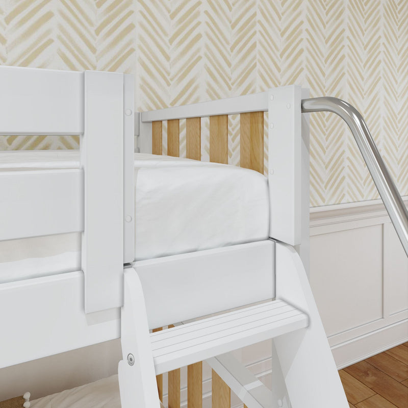 White wooden bunk bed with ladder, natural wood slats and curved metal handrail against beige chevron wallpaper in a kids' bedroom