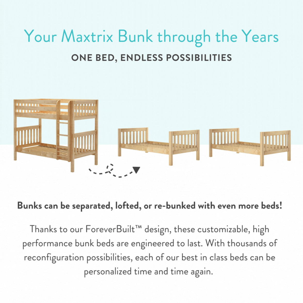 Wooden bunk bed reconfiguration options showing separation into two single beds for customizable bedroom furniture solutions.