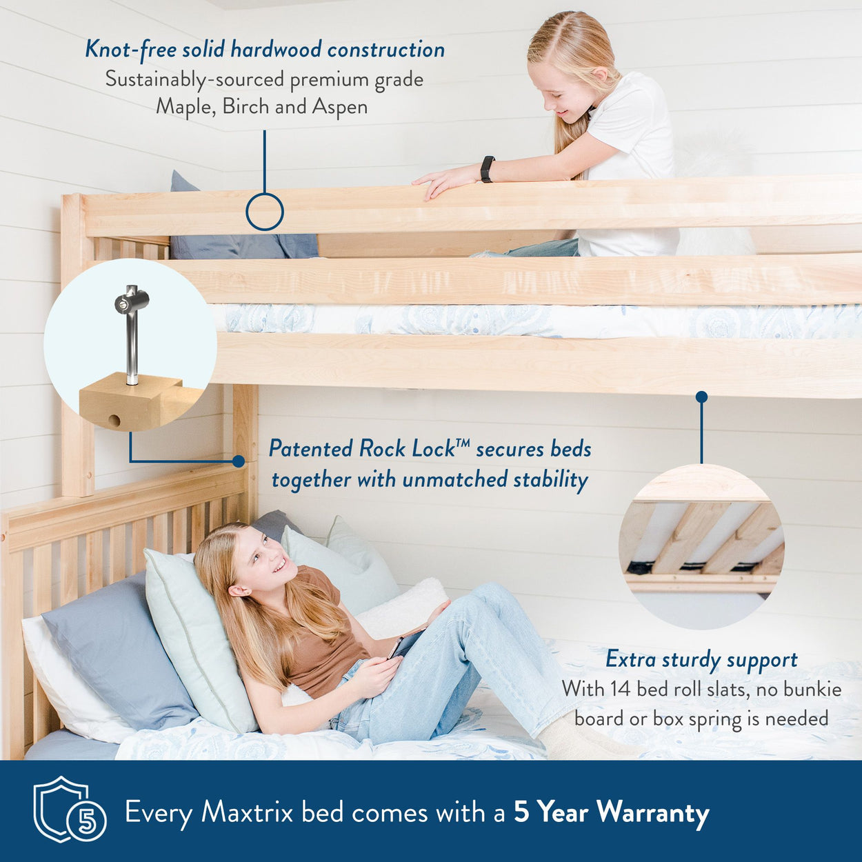 Bunk bed with knot-free solid hardwood construction, patented Rock Lock™ stability, extra sturdy support, and a 5-year warranty.