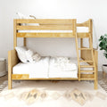 Twin-over-twin natural pine bunk bed with ladder and white bedding in a bright modern kids' bedroom