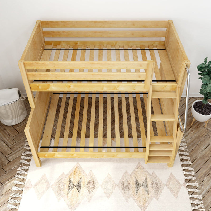 Top-down view of natural wood bunk bed frame with slatted mattress supports, built-in ladder and patterned rug in modern kids' bedroom