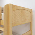 Close-up of natural pine bunk bed headboard and guardrail showing wood grain, rounded posts and metal fasteners, children's bedroom furniture