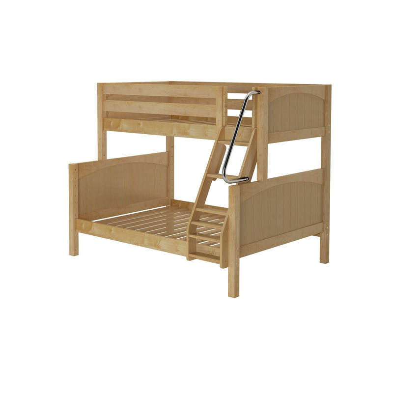 Light maple solid-wood twin-over-full bunk bed with angled ladder, safety guardrails and slatted mattress supports