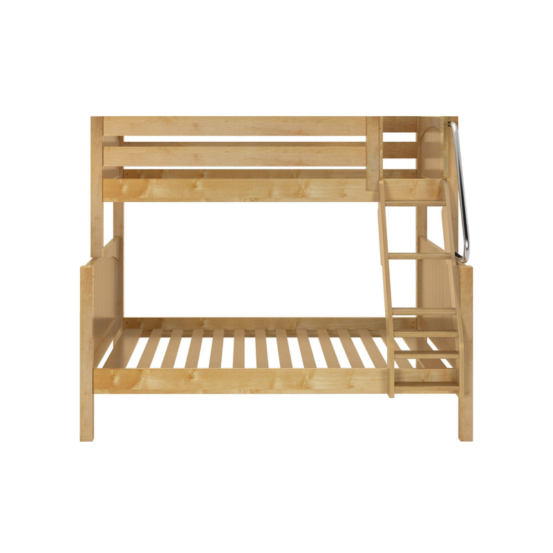 Natural solid wood twin-over-twin bunk bed with built-in ladder and safety rail, slatted pine frame in light natural finish for kids' bedroom