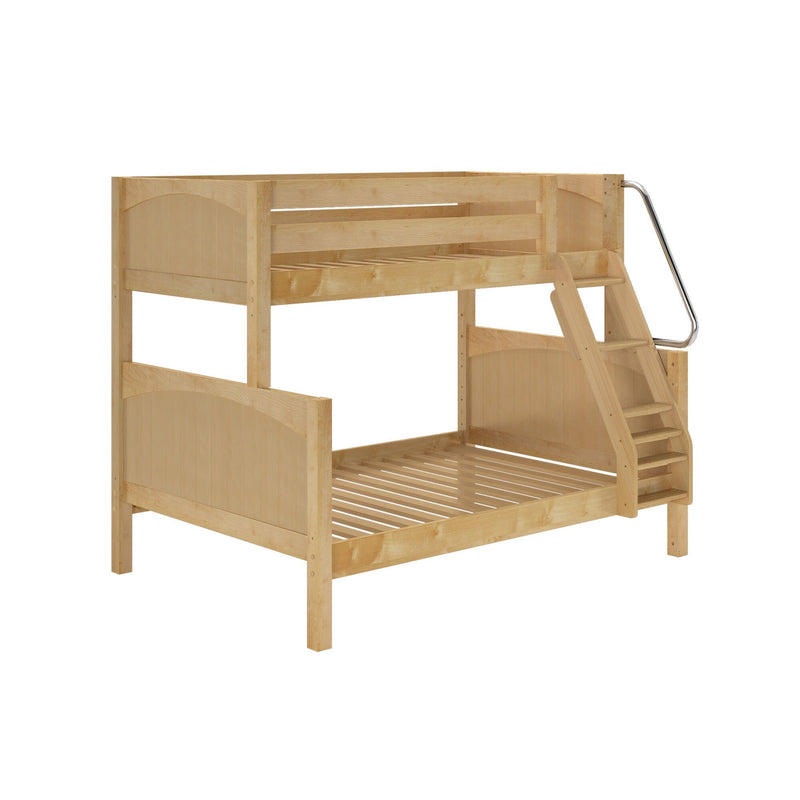 Twin-over-full wooden bunk bed with stairs and chrome handrail, light natural finish and slatted mattress supports