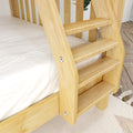 Close-up of light natural pine wooden bunk bed ladder with wide steps beside white mattress on hardwood bedroom floor