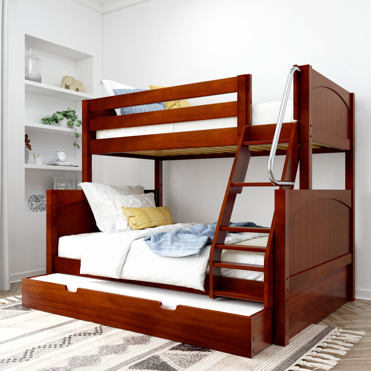 Wooden bunk bed with ladder in modern bedroom featuring white bedding and cozy decor.
