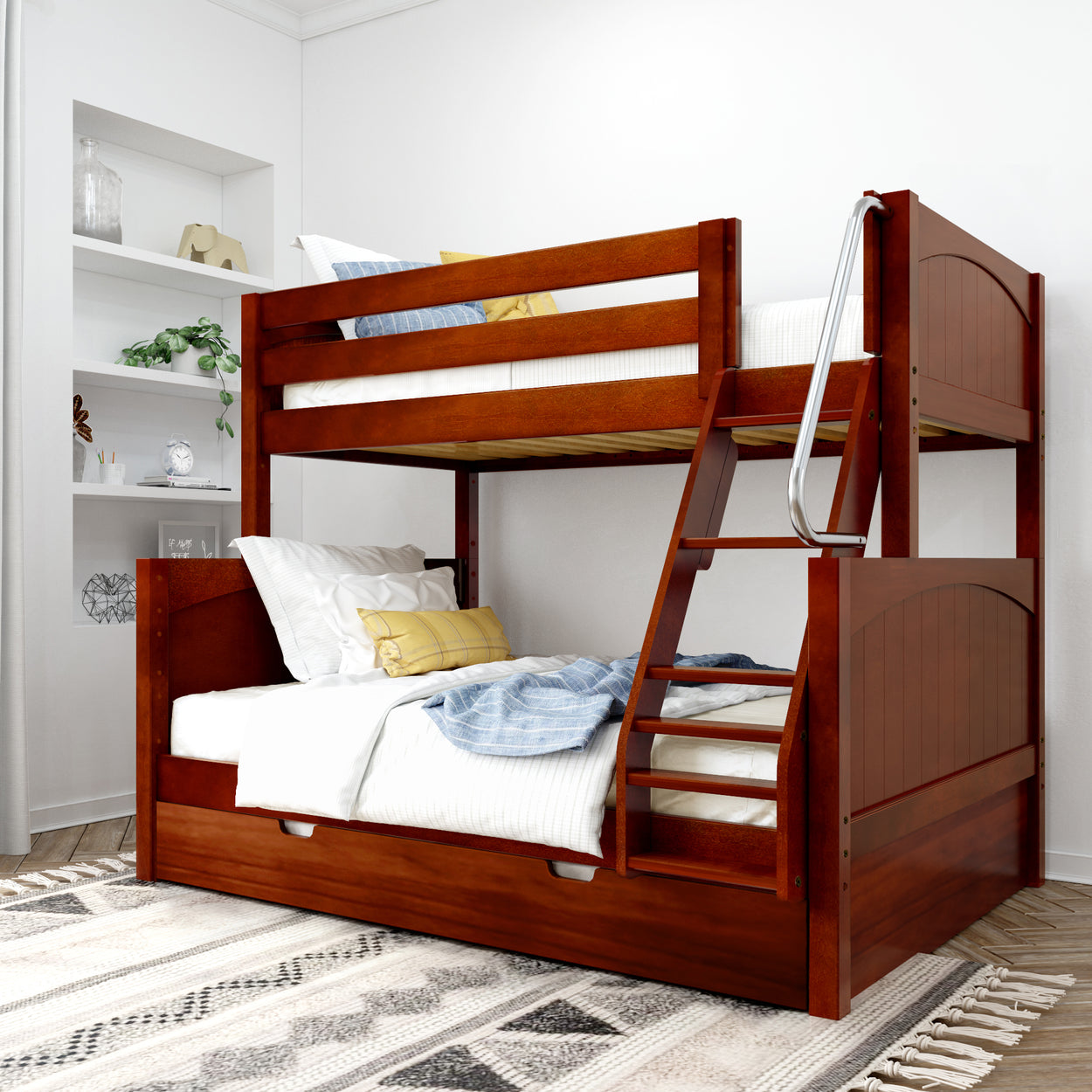 Wooden bunk bed with built-in ladder in a cozy bedroom setting, featuring stylish bedding and decorative elements.