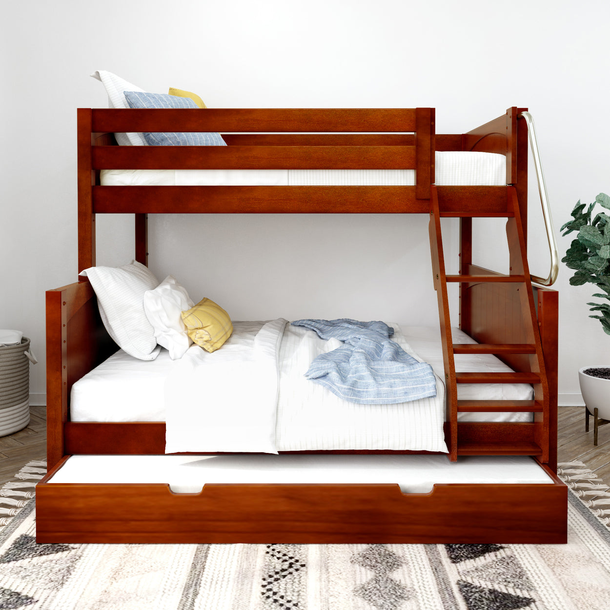 Wooden bunk bed with storage drawers and ladder, featuring white and blue bedding, placed in a modern bedroom setting.