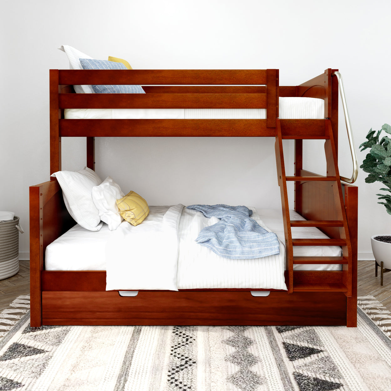 Wooden bunk bed with a ladder in a modern bedroom setting.