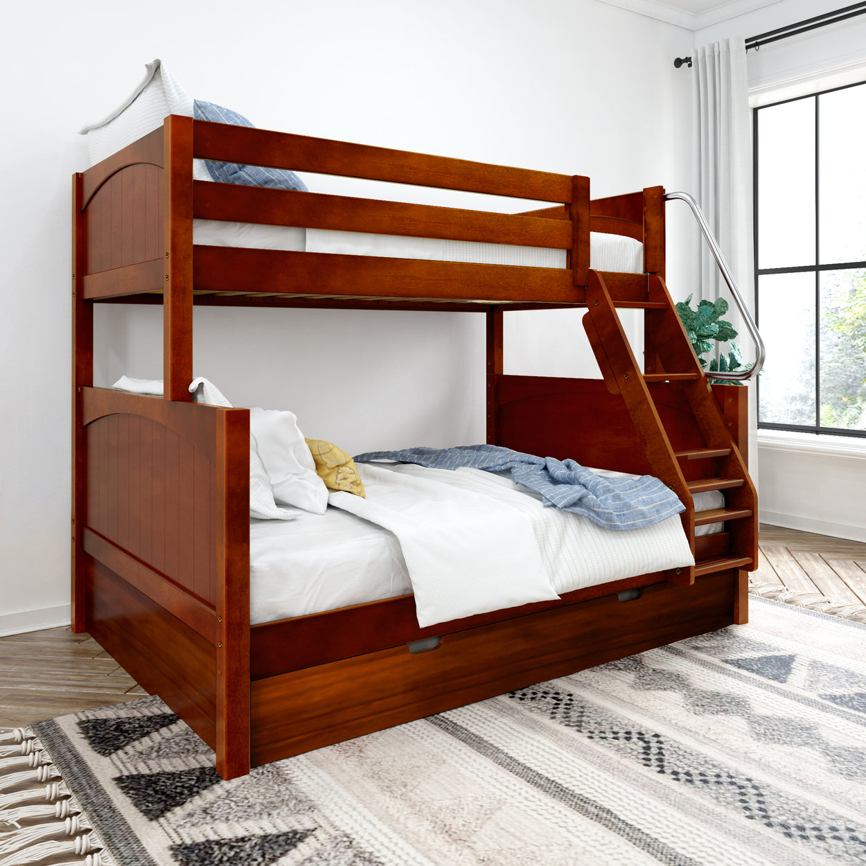 Wooden twin bunk bed with staircase and bedding in modern bedroom.