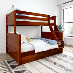 Wooden twin bunk bed with staircase and bedding in modern bedroom.