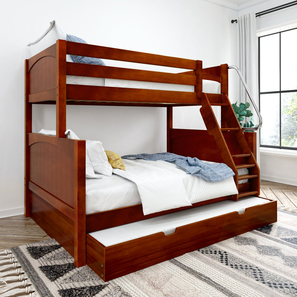 Wooden bunk bed with ladder and trundle in a bright bedroom setting.