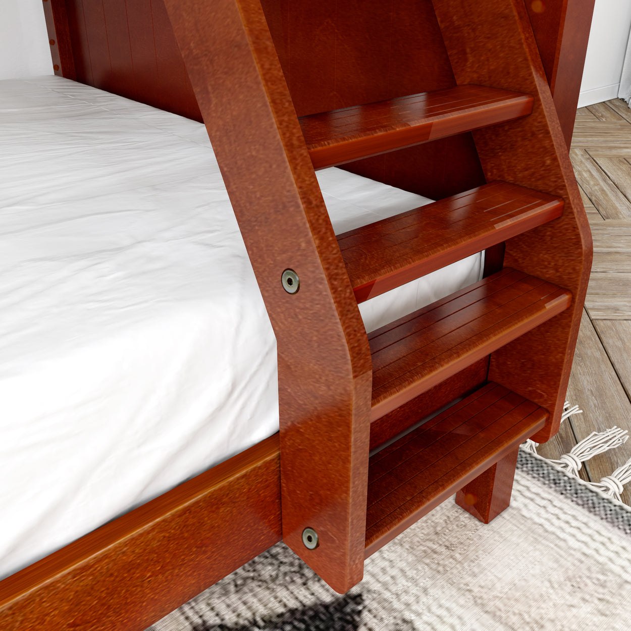 Wooden bunk bed ladder with polished finish on wooden floor and white bedding.