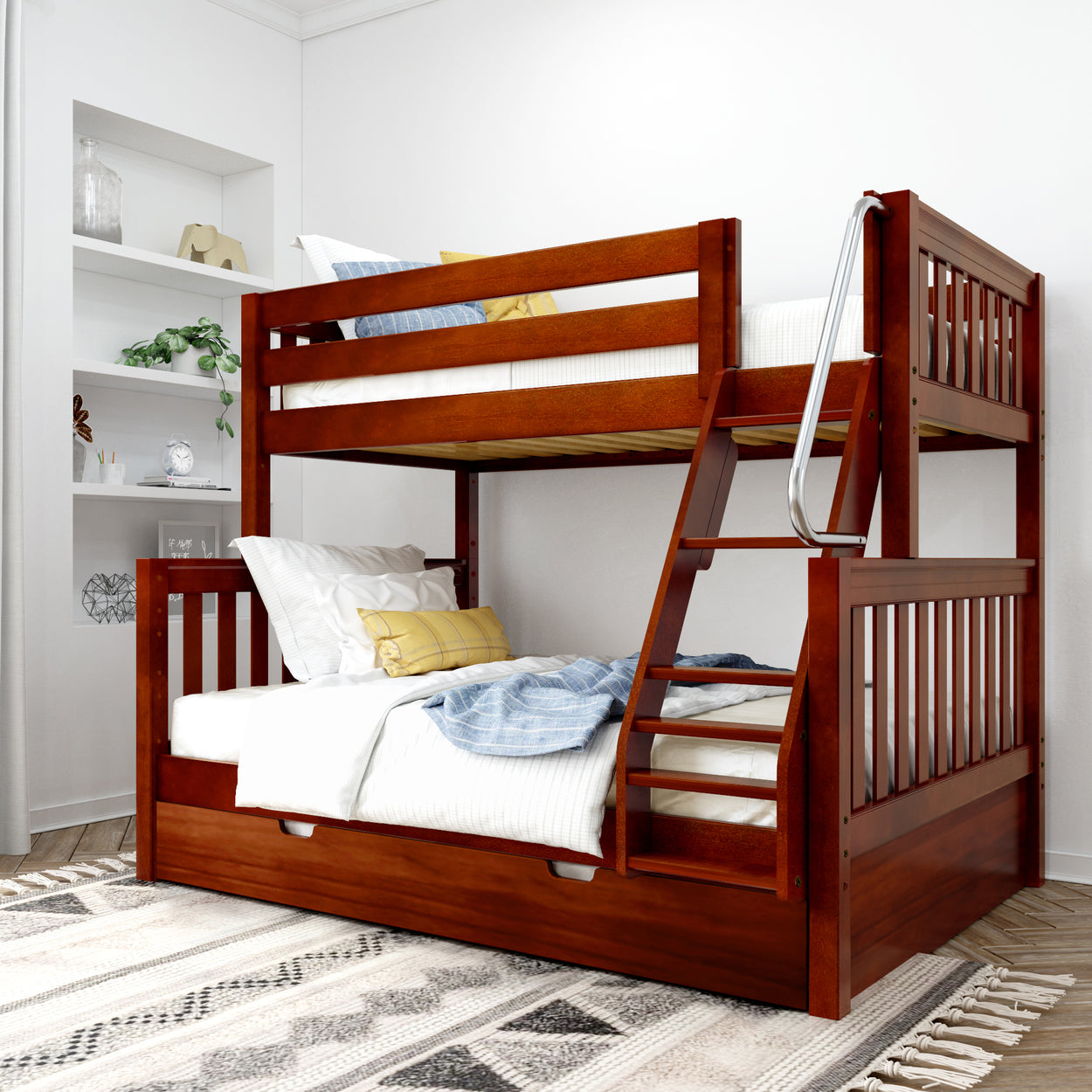 Wooden bunk bed with ladder in a cozy bedroom setting, featuring white bedding and decorative pillows.