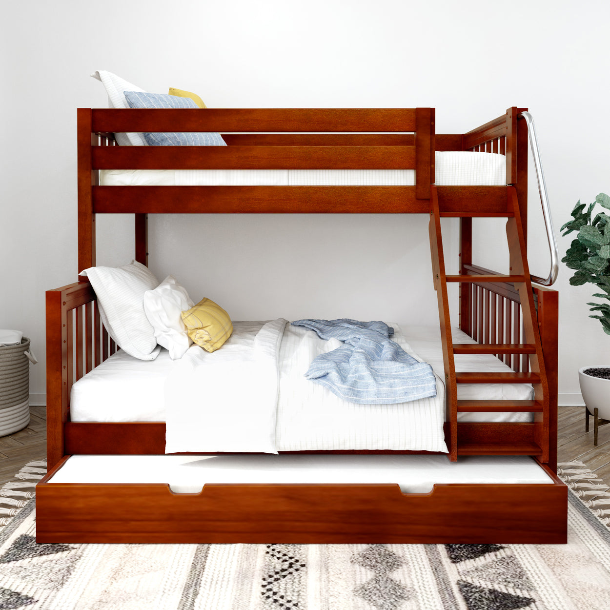 Wooden bunk bed with ladder and bedding in modern bedroom setup.
