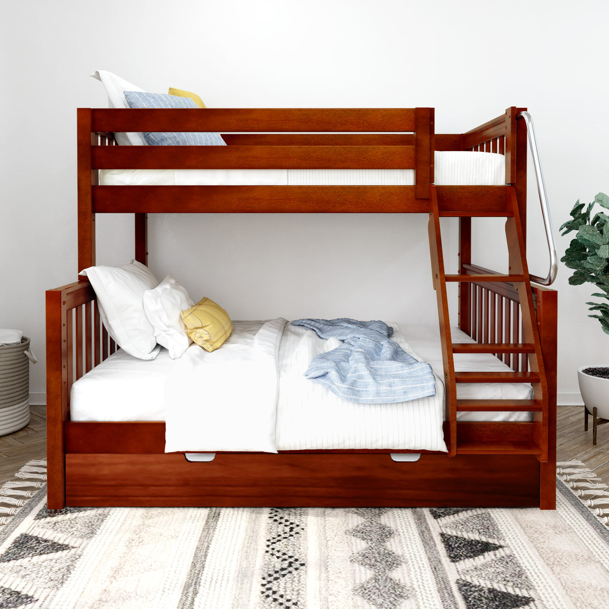 Wooden bunk bed with built-in ladder and cozy linens in modern bedroom setting.