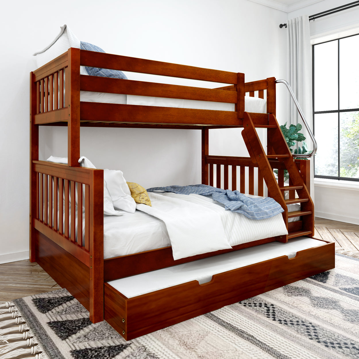 Wooden bunk bed with built-in ladder and extra storage drawer in modern bedroom.